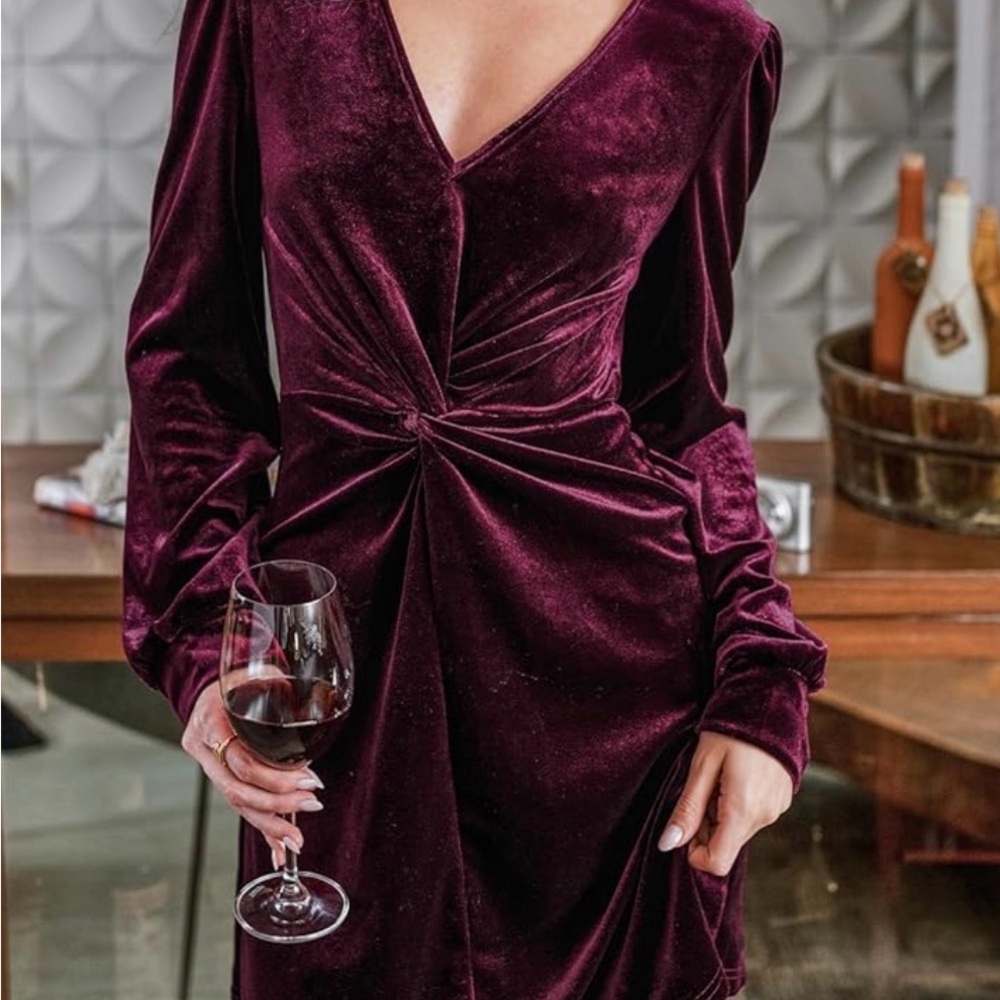 Cupshe Velvet Long Sleeve Dress in Deep Burgundy